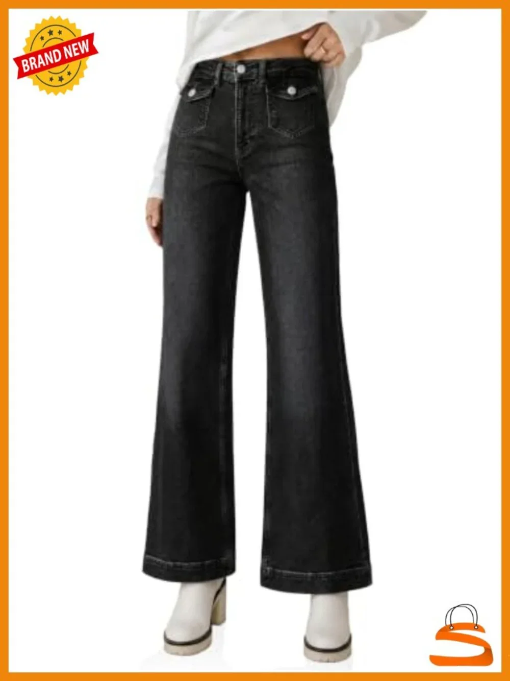 High Waisted Wide Leg Baggy Jeans with Flap Pockets
